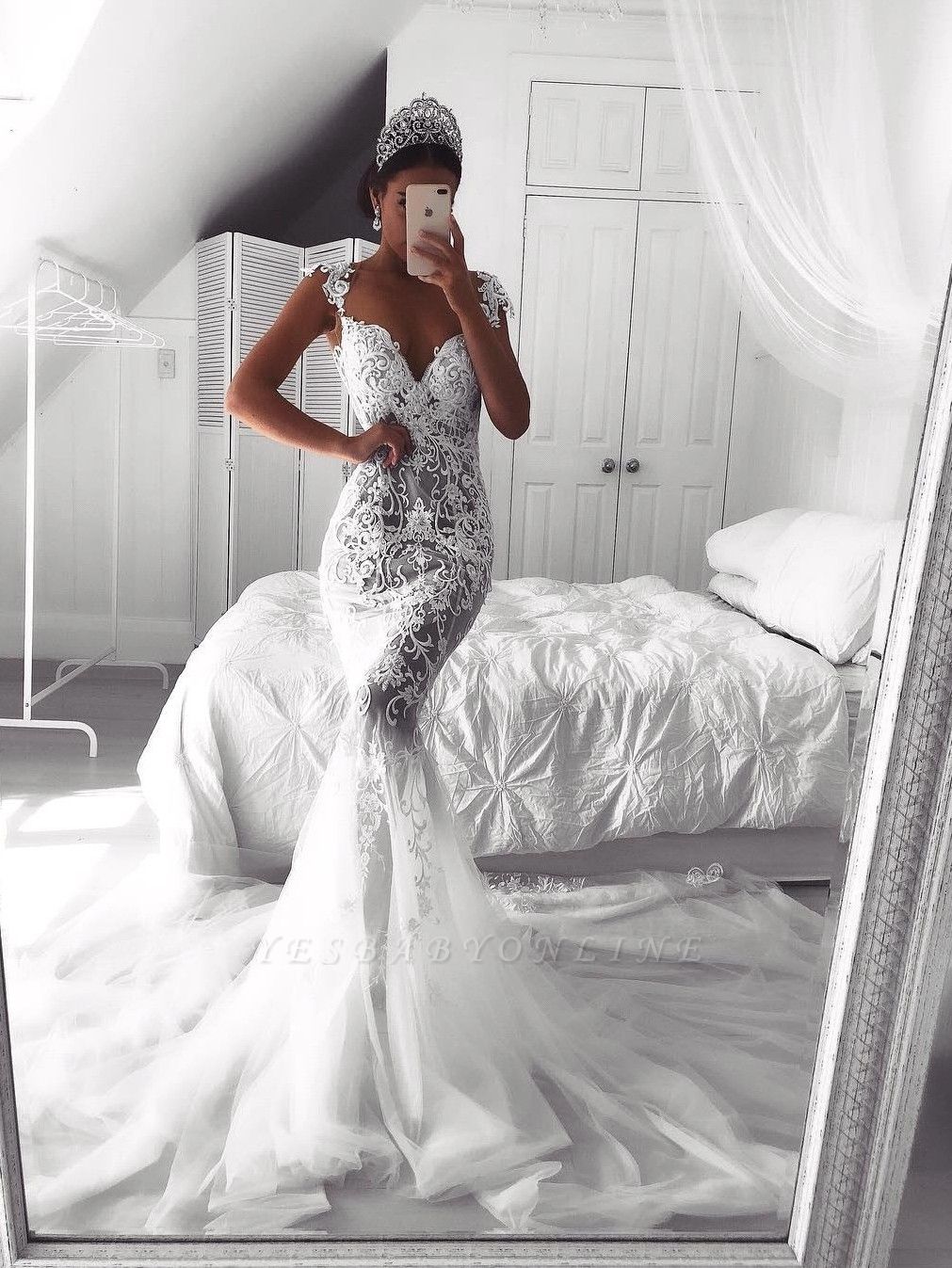 Sexy Lace Mermaid Wedding Dresses | See-Through Cap Sleeves Bridal Gowns