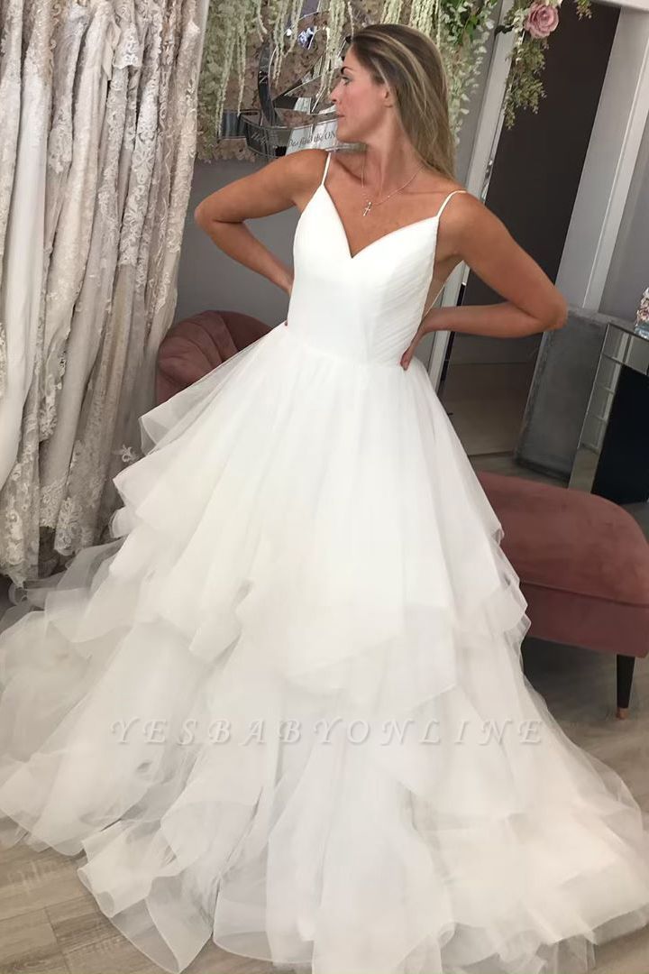 Spaghetti Strap V Neck Backless Tiered Tulle A Line Wedding Dresses