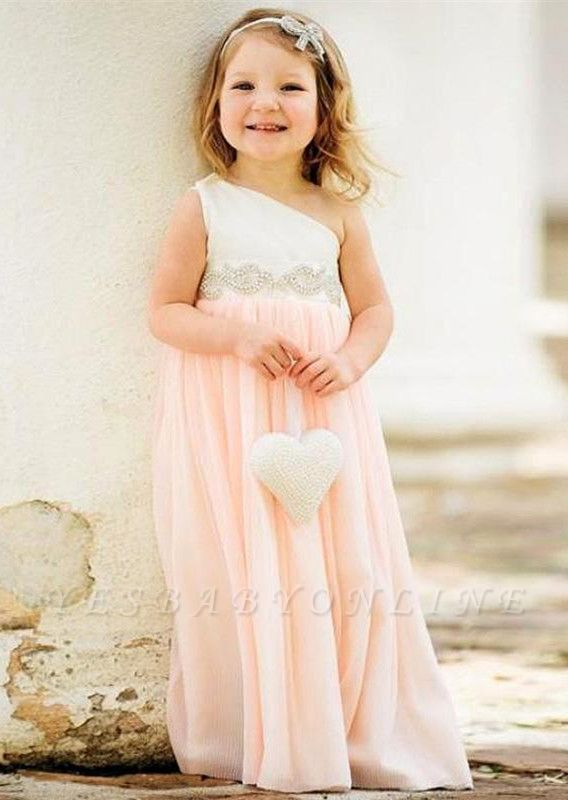 Exquisite One Shoulder Chiffon Flower Girl Dress with Pearls