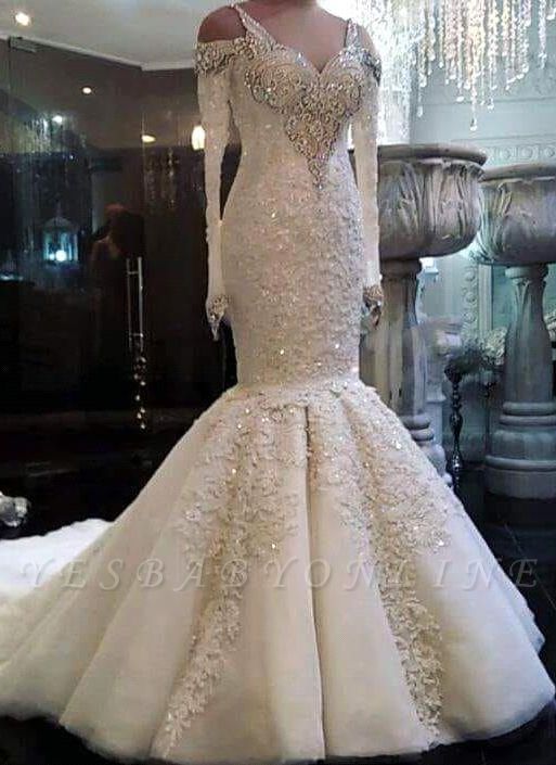 Charming Crystals Mermaid Wedding Dresses | Long Sleeves Appliques Bridal Gowns