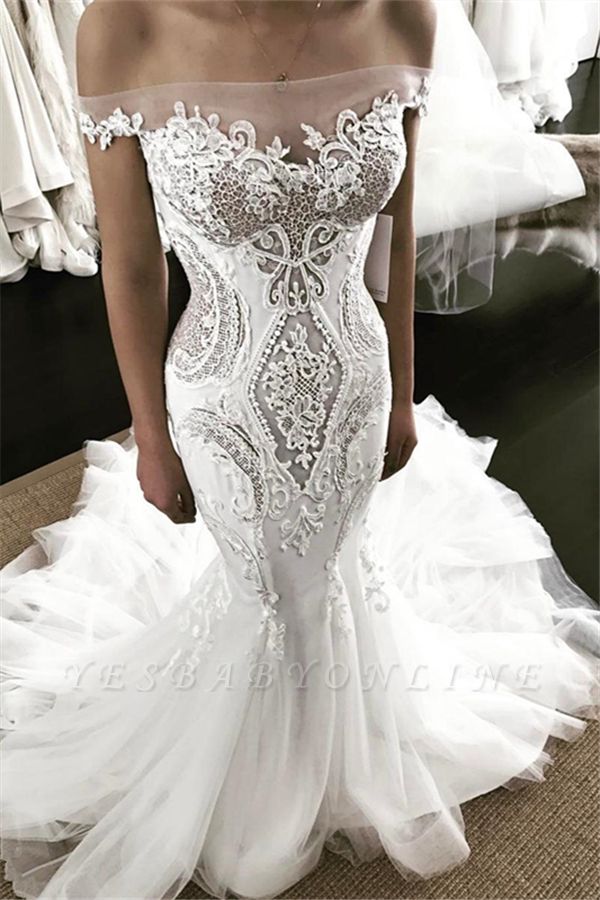 Sexy Bateau Off The Shoulder Applique Fitted Mermaid Wedding Dresses