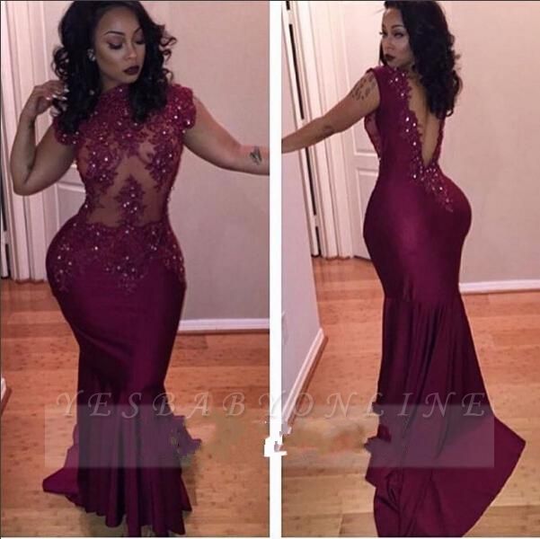 Sexy Sheer Prom Dresses Burgundy High Neck Open Back Mermaid Evening Gowns