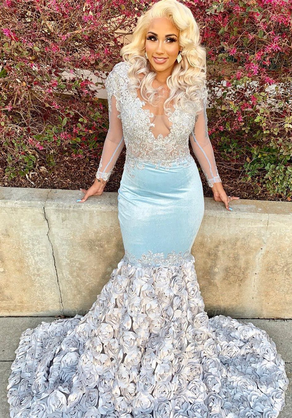 V Neck Long Sleeve Applique Mermaid Prom Dresses | Beading Flowers Evening Gown
