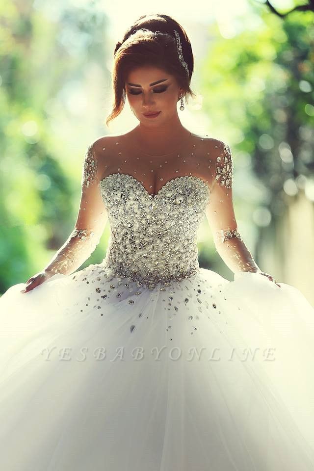 Charming Ball Gown Wedding Dresses Beading Crystals Sheer Long Sleeves Bridal Gowns