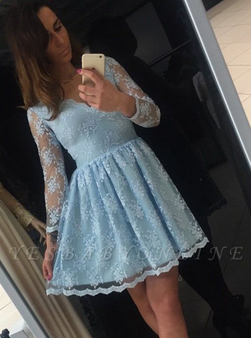 Simple V-neck Long Sleeve A-line Short Prom Dress With Appliques Lace