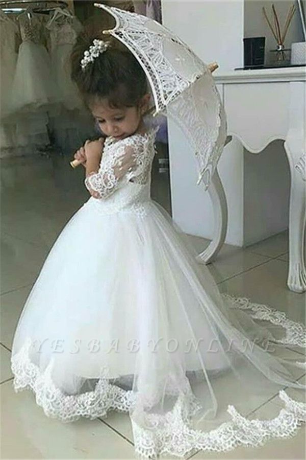 Sweet Half Sleeves Lace Flower Girl Dresses | Tulle Ball Gown Wedding Party Dresses