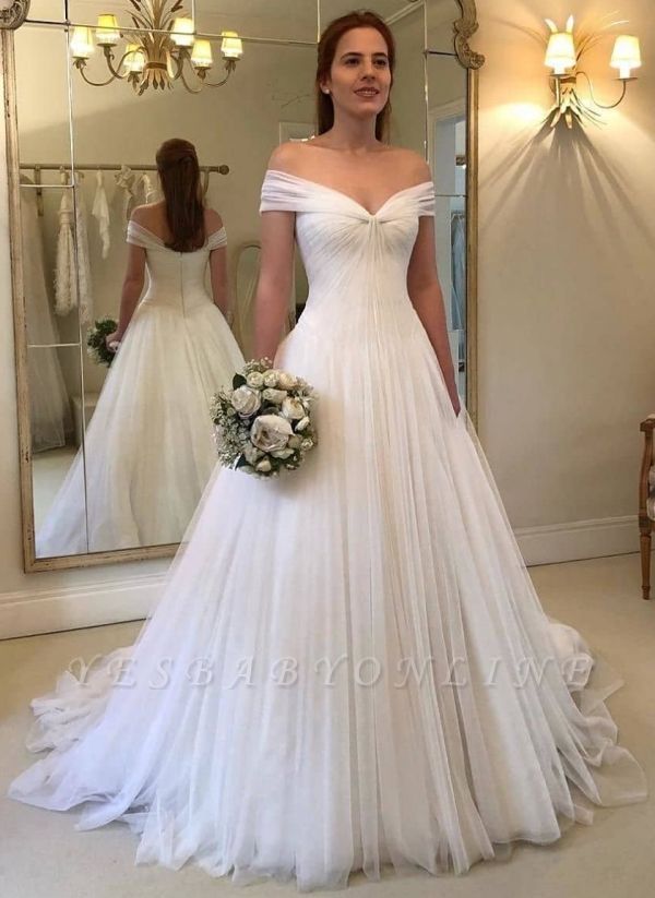 Simple A-Line Off-The-Shoulder Wedding Dresses | Ruched Tulle Bridal Gowns