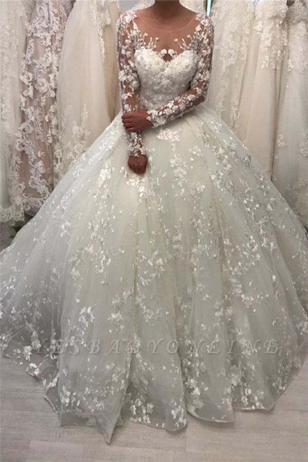 Round Neck Lace Ball Gown Vintage Wedding Dresses with Long Sleeves