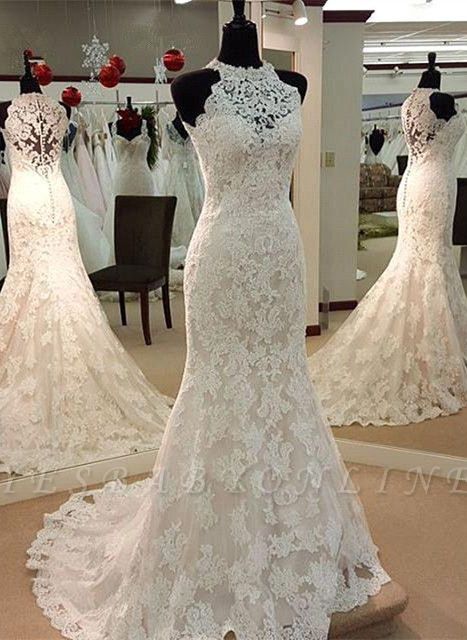 Lace Appliques Sexy Mermaid Wedding Dresses | High Neck Buttons Back Long Bridal Gowns