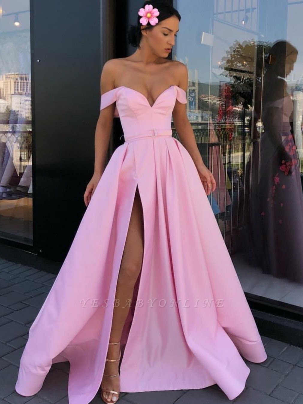 Sexy Pink Off-The-Shoulder Evening Dresses 2019 | A-Line Front Split Long Formal Dresses Online