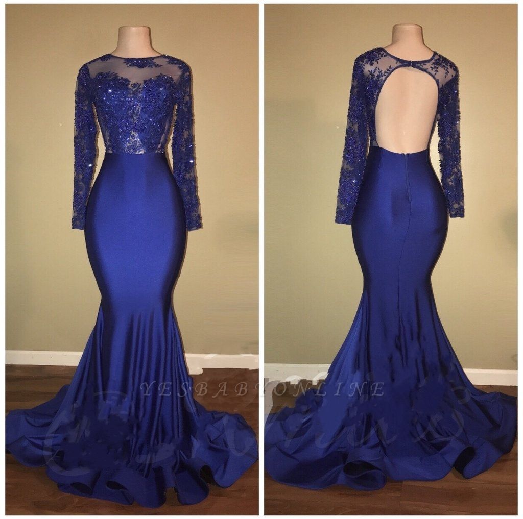 Beaded Long-Sleeves Ruffles-Skirt Royal-Blue Mermaid Prom Dresses ...