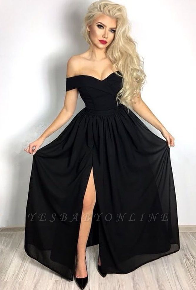 Black Prom Dresses | Off The Shoulder Front Slit Evening Dresses