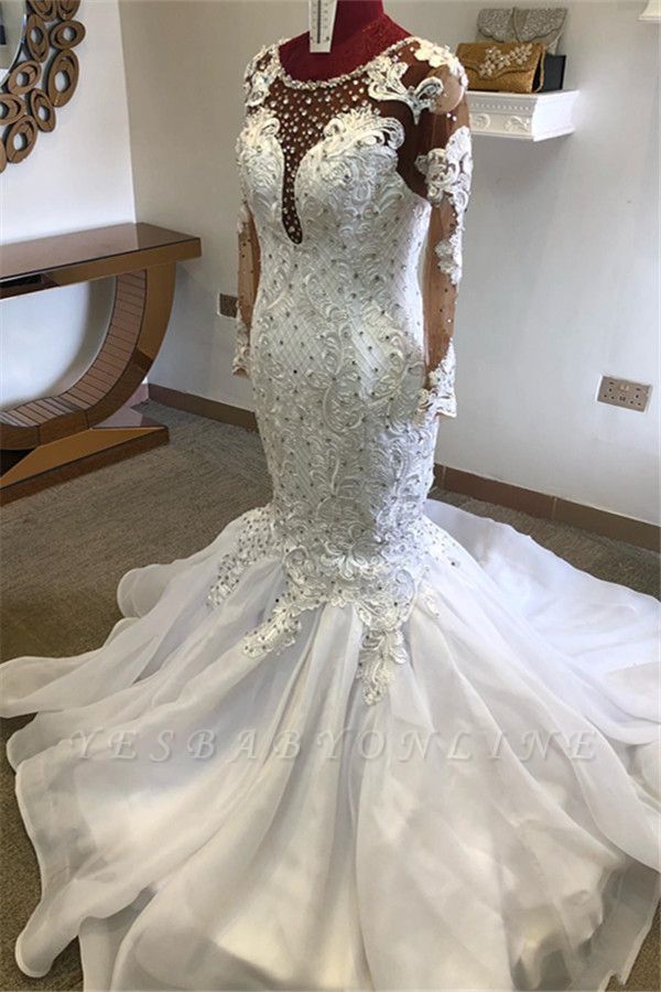 Jewel Long Sleeve Crystal Lace Mermaid Fitted Wedding Dresses