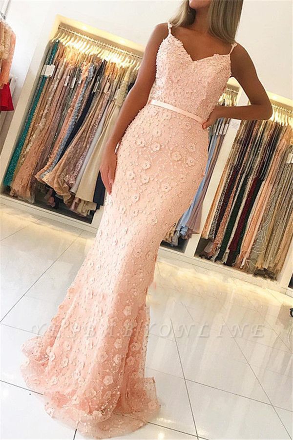 Elegant Pink Sheath Long Prom Dress | Spaghetti Straps Flowers Sleeveless Evening Dress BC2487