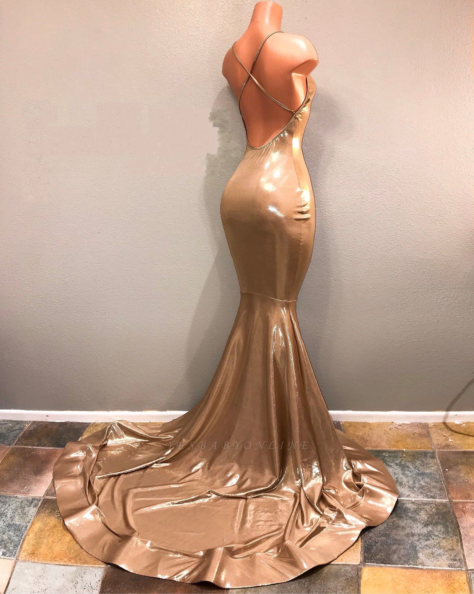 Gold Spaghetti Straps Prom Dresses | Long Mermaid Backless Evening Dresses