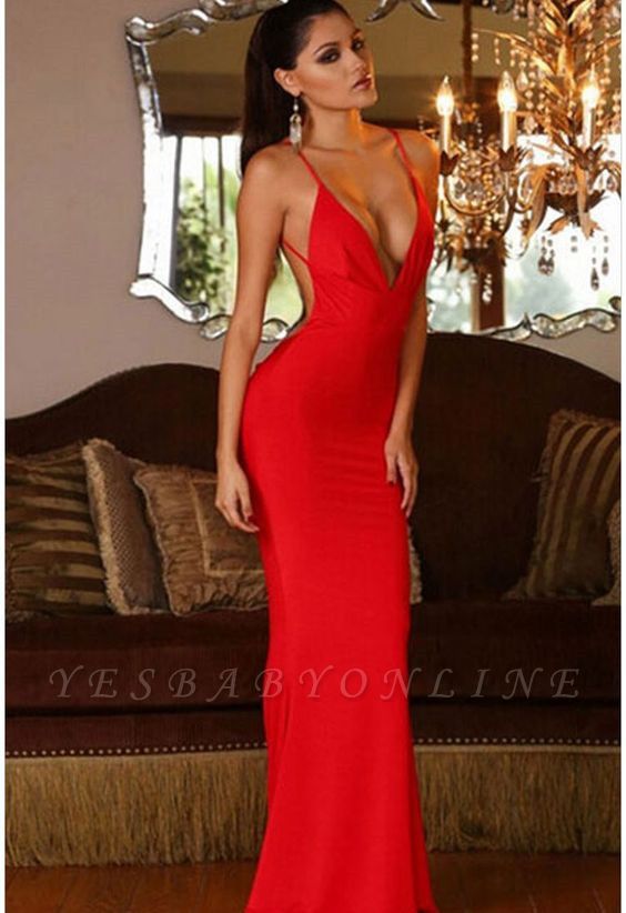 Sexy Mermaid Red Open-Back Sexy Sleeveless V-neck Prom Dress
