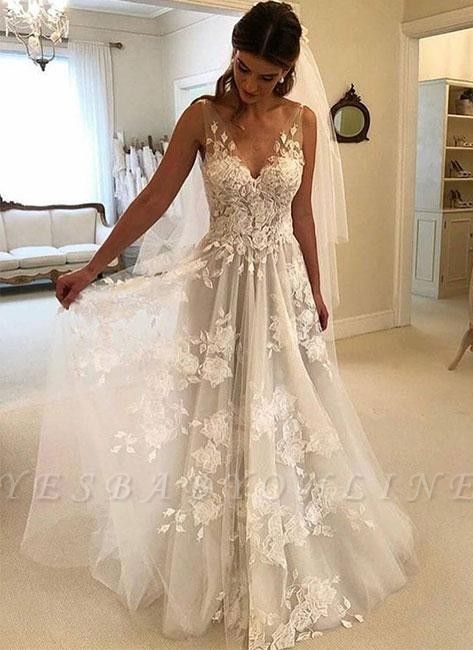 Stunning Rose A-line Wedding Dresses | V-Neck Appliques Bridal Gowns