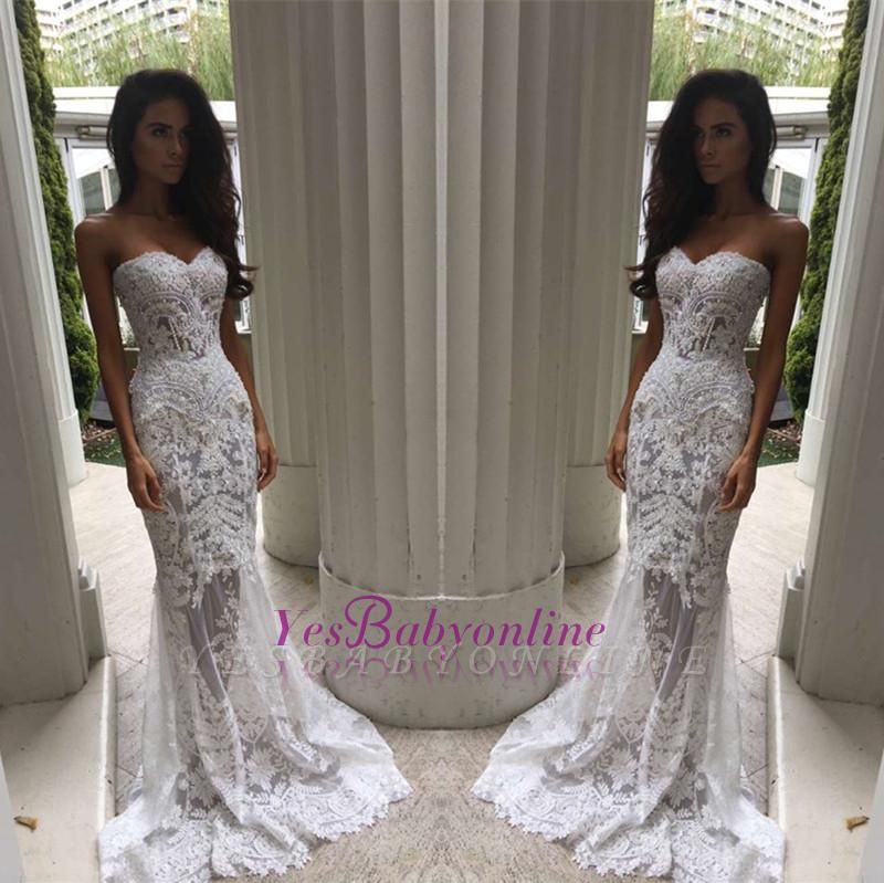 Sweetheart-Neck White Sheer Mermaid Lace Appliques Wedding Dresses