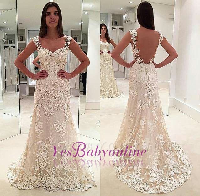 Glamorous Lace Straps Backless Sleeveless Mermaid  Wedding Dresses