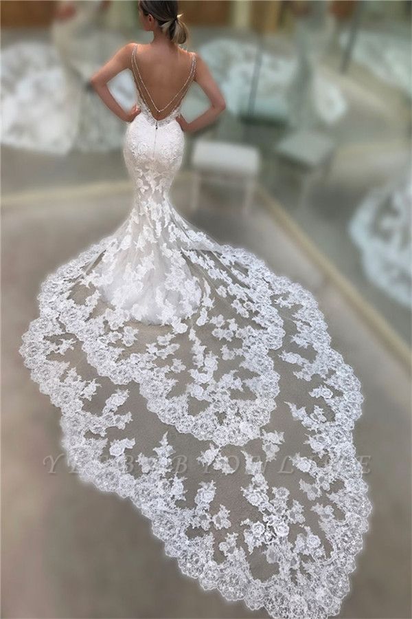 Stunning Spaghetti Straps Appliques Lace Mermaid Wedding Dress With Train