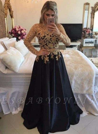 Gold Black Puffy Prom Dresses Lace Appliques Pearls Long Sleeves Puffy Formal Gowns