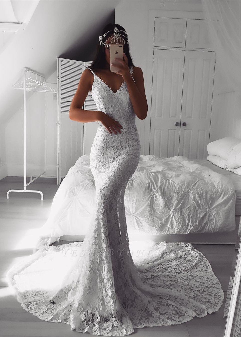 Lace V-neck White Sexy Mermaid Wedding Dress | Affordable Bridal Dresses