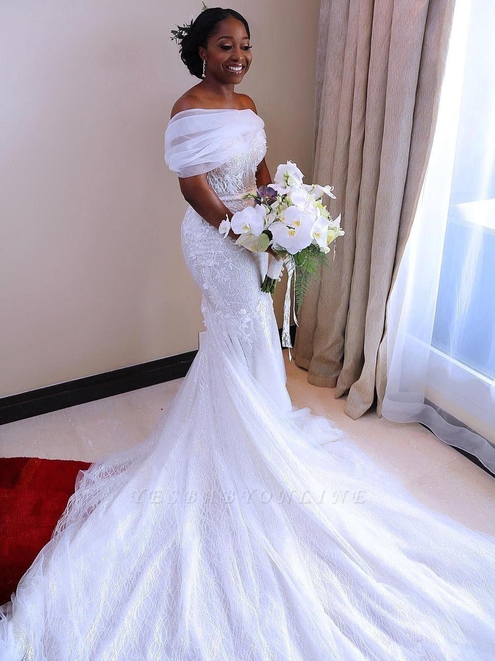 Glamorous Open Back Mermaid Wedding Dresses | Off-the-Shoulder Long Bridal Gowns