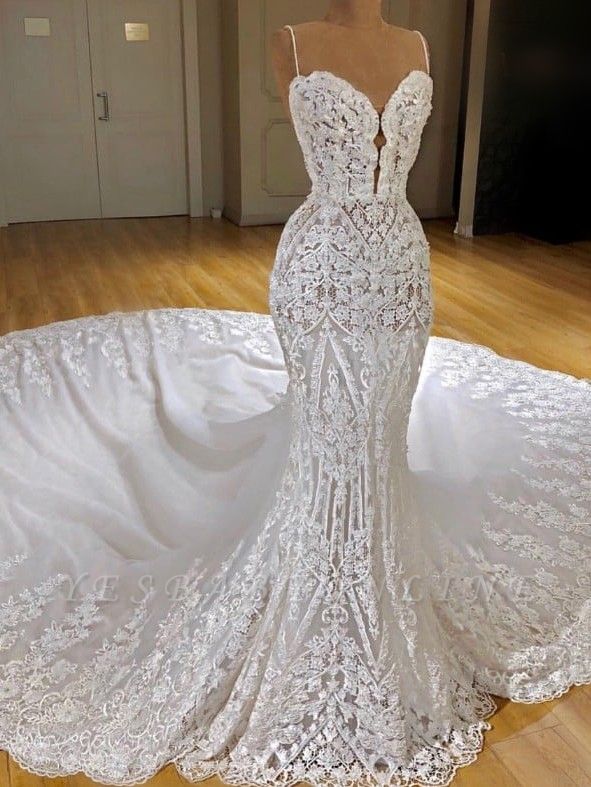 Gorgeous Lace Mermaid Wedding Dresses | Spaghetti Straps Fit and Flare Bridal Gowns