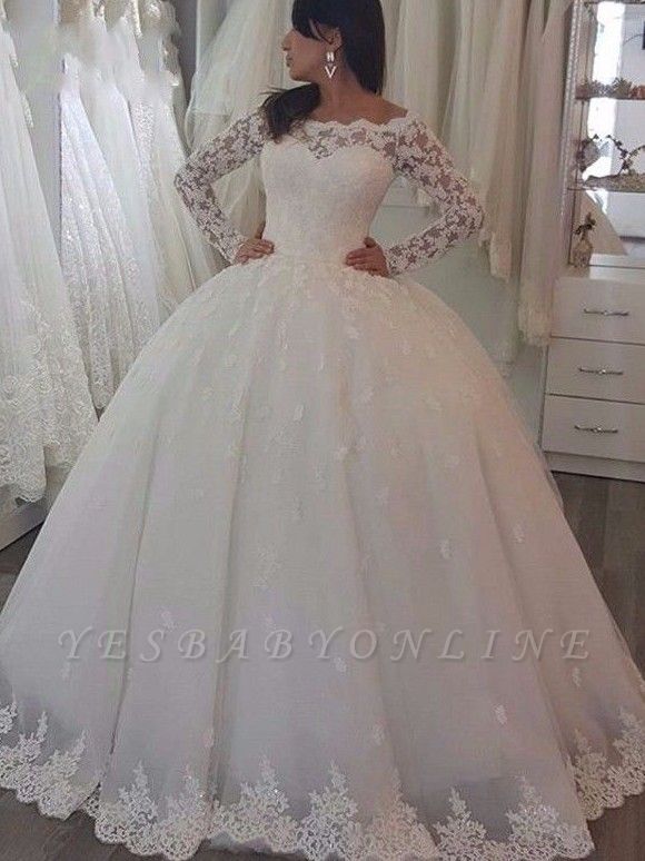 Floor Length Tulle Lace Wedding Dresses | Off the Shoulder Long Sleeves Ball Gowns with Appliques