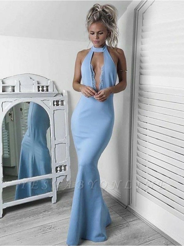 Elegant Halter Mermaid Prom Dresses | Simple Deep V-Neck Long Evening Dresses Floor Length