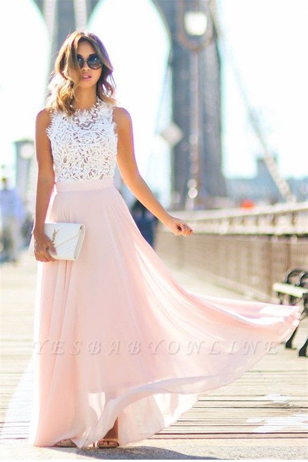 A-Line Elegant Sleeveless Pink Lace Prom Dress