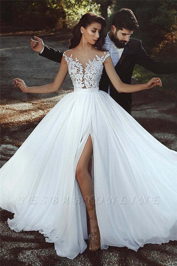 Sleeveless A-line Chiffon Wedding Dresses | Lace Appliques Slit Bridal Gowns