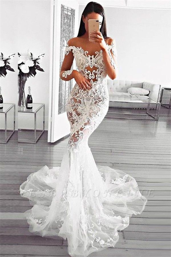 Modern Sexy Mermaid Off Shoulder Wedding Dresses | Long Sleeves Lace Appliques Bridal Gowns