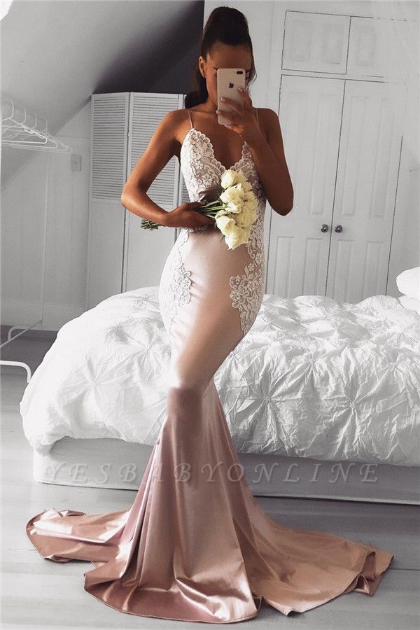 Cute Pink Mermaid Prom Dresses | Spaghettis Straps Evening Gowns with Lace Appliques