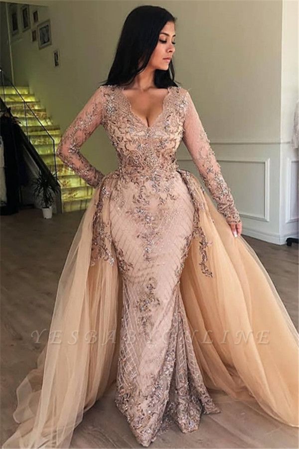 Luxurious Champagne Long Sleeves Mermaid V-neck Tulle Prom Dress