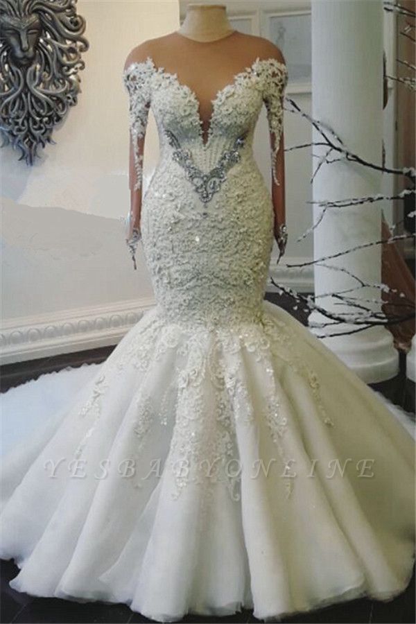 Luxury Lace Appliques Mermaid Wedding Dresses  | Beads Long Sleeve Gorgeous Bridal Gowns