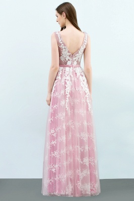 A-line Sleeveless Floor Length Tulle Appliqued Prom Dresses with Sash_3
