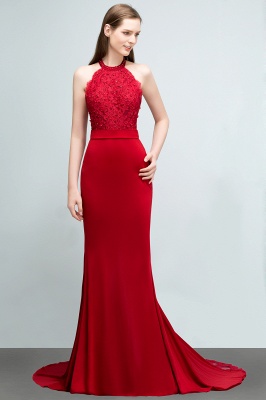 Mermaid Halter Floor Length Appliqued Beads Red Prom Dresses with Sash_3