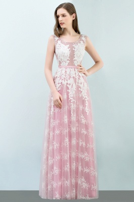 A-line Sleeveless Floor Length Tulle Appliqued Prom Dresses with Sash_5