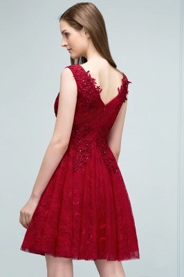 JULIA | A-line Sleeveless Short V-neck Lace Appliqued Tulle Prom Dresses_8