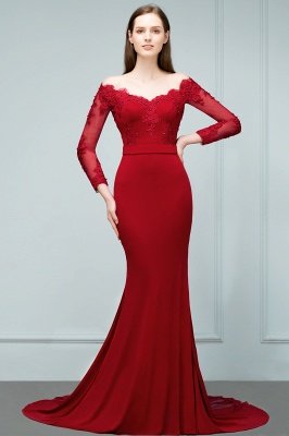 Mermaid Charmeuse Off-the-Shoulder V-Neck Long-Sleeves Floor-Length Bridesmaid Dress with Appliques_3