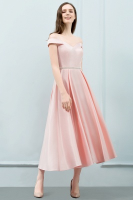 A-line Off-shoulder Tea Length Pink Prom Dress with Sash_2