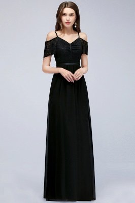 A-line  Lace V-Neck Off-the-shoulder Sleeveless Floor-Length Bridesmaid Dresses_1