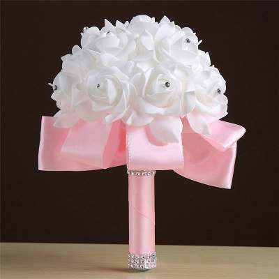 White Silk Rose Crystal Beading Bouquet in Colorful Handles_3