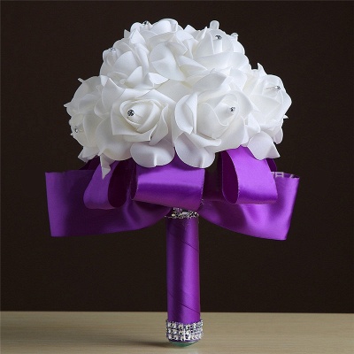 White Silk Rose Crystal Beading Bouquet in Colorful Handles_5
