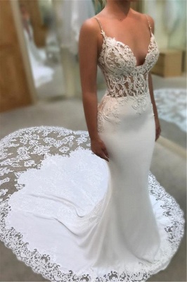 Mermaid Sweetheart Spaghetti Straps Wedding Dresses | Lace Appliques Wedding Gowns with Court Train_1