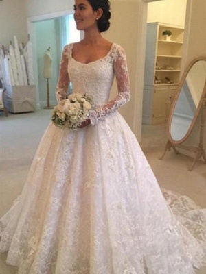 Glamorous Long Sleeves Ruffles Puffy Scoop Cathedral Train Lace Wedding Dresses_1