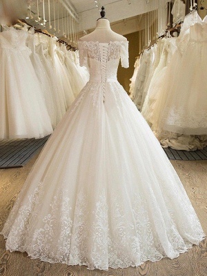 Glamorous Floor-Length Tulle 1/2 Sleeves  Applique Puffy Off-the-Shoulder Lace Wedding Dresses_3