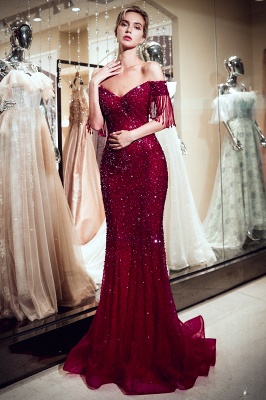 Sparkly Burgundy Crystal Off-the-Shoulder Prom Dress | Mermaid Evening Dress with Tassels_1