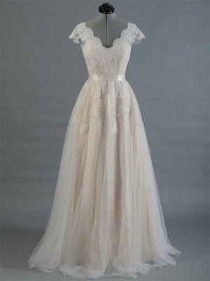 Sweep Train Sleeveless V-neck Applique Lace Wedding Dresses_1